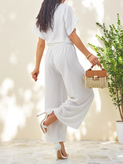 Royalfashion Set de damă cu cămașă scurtă cu mâneci legate și pantaloni evazați cu strasuri