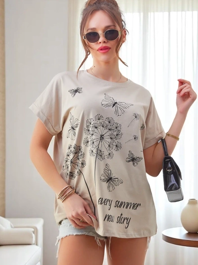 Royalfashion Tricou din bumbac pentru femei cu păpădii și un fluture