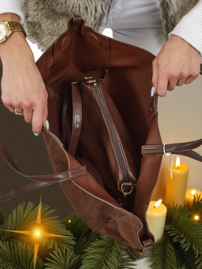 Geantă de damă shopper eco din piele întoarsă cu o geantă mai mică din piele eco inclusă, set 2 în 1 Elinea