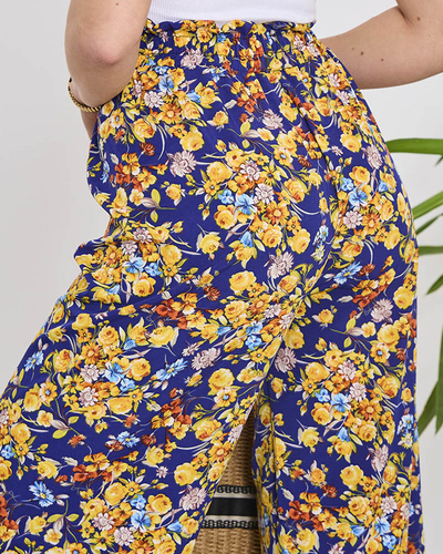 Pantaloni palazzo de damă albaștri cu flori albastru marin- Îmbrăcăminte