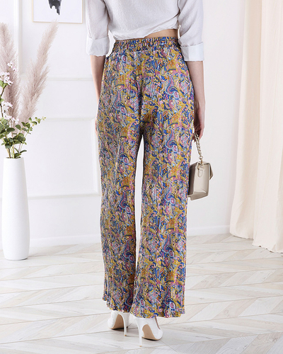 Pantaloni de damă cu model cu picioare largi, de culoare galbenă- Îmbrăcăminte