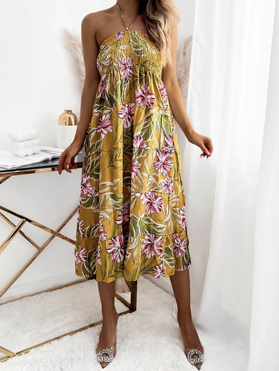 Rochie midi galbenă pentru femei cu model floral - Îmbrăcăminte