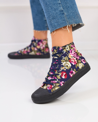 Royalfashion Adidași înalți de damă de culoare albastru marin cu flori colorate Soxic