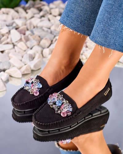 Royalfashion Mocasini negri de damă, traforați, cu cristale decorative Cizzas
