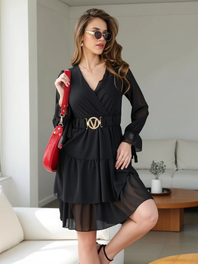 Rochie mini Royalfashion pentru femei cu volane și guler înfășurat