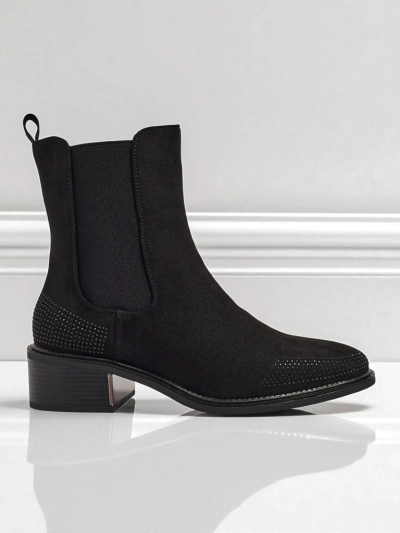 Botine de damă din piele ecologică întoarsă, decorate cu zirconii TangleMist