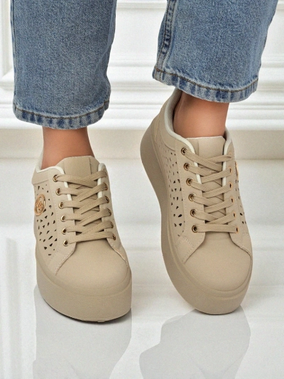 Cleo Ecru Platino – sneakers bej pe platformă Royalfashion piele ecologică