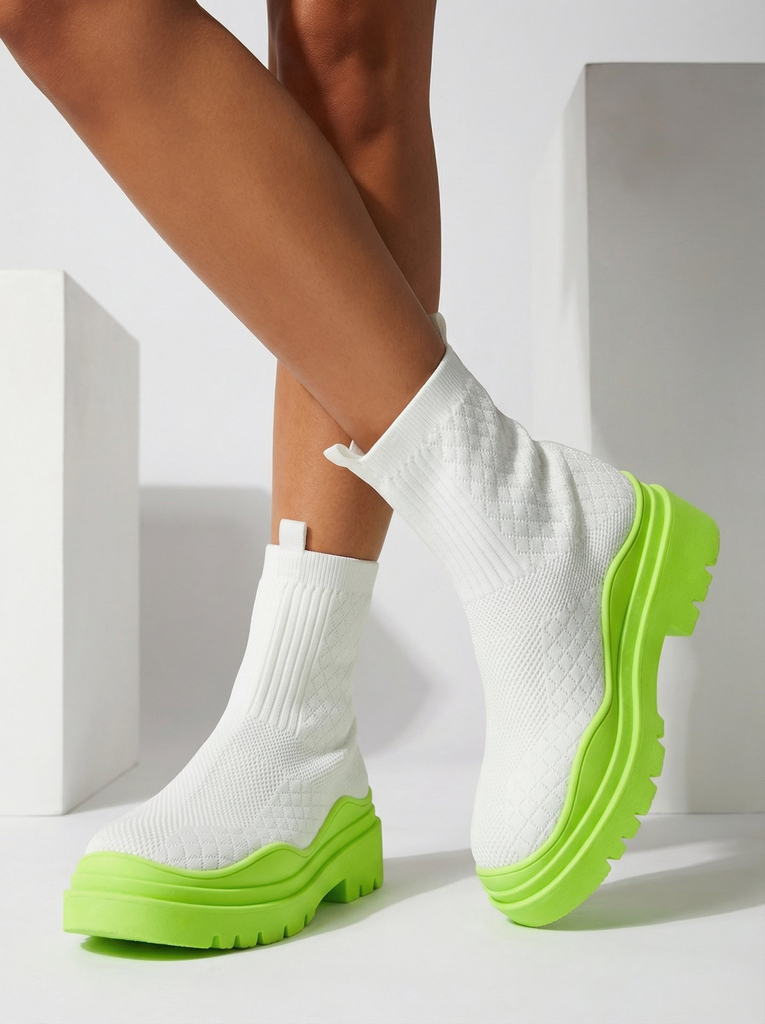 Cizme de damă albe și verzi cu toc plat Seritis - Încălțăminte