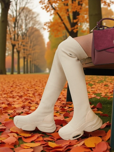 Cizme lungi de damă, slip-on, cu talpă groasă, Ravmora