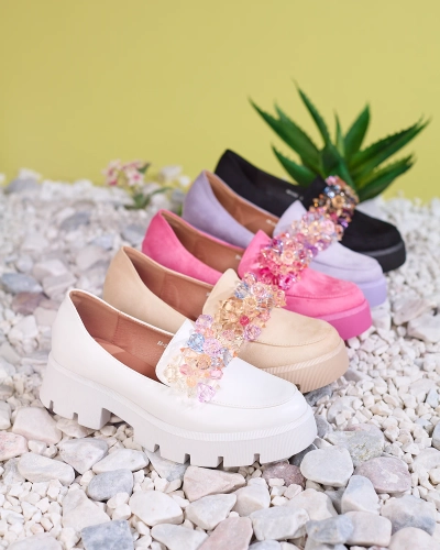Royalfashion Mocasini albi pentru femei cu cristale colorate Crystal Glam