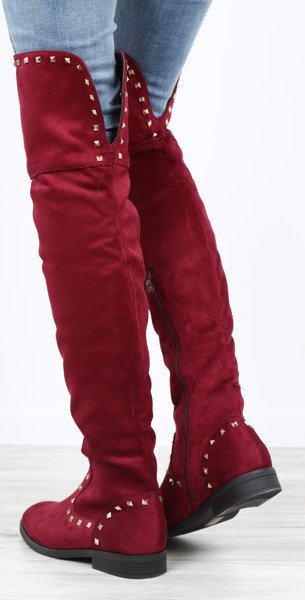 Bordowe, długie kozaki Lucette- Obuwie