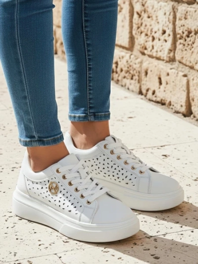 Sneakers de damă Calista Bianco din piele ecologică, ajurați, de primăvară, 4,5 cm