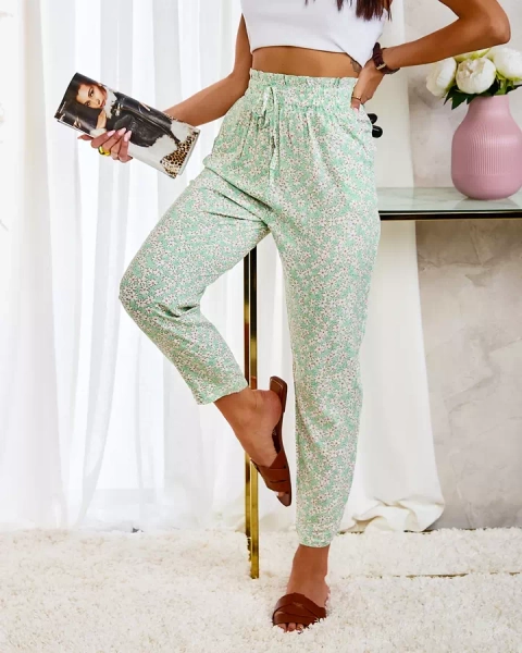 Royalfashion Pantaloni florali din bumbac verde pentru femei