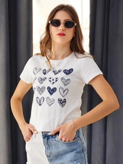 Royalfashion Tricou din bumbac pentru femei Cu multe inimi