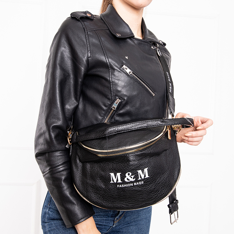 Geantă de rinichi neagră cu inscripții și inserții aurii - Accesorii