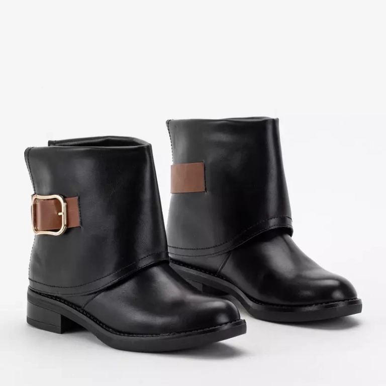 OUTLET Botine negre dama din piele ecologica cu toc plat Tera - Pantofi