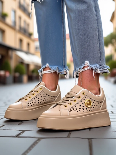 Cleo Ecru Platino – sneakers bej pe platformă Royalfashion piele ecologică