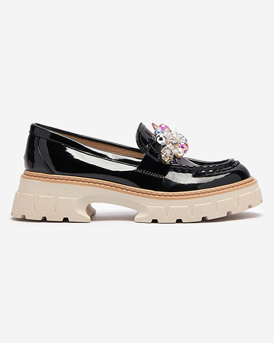 Mocasini de damă lăcuiți negri cu ornament Leliab- Footwear