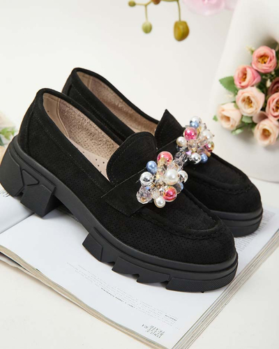 Royalfashion Mocasini negri de damă cu cristale colorate Glam