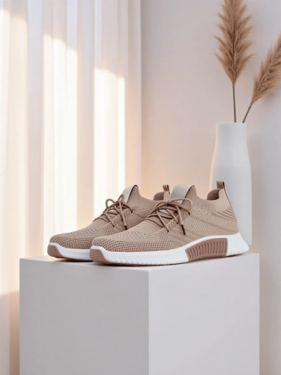 Sneakers de damă Aristea maro deschis toc plat material textil 3 cm