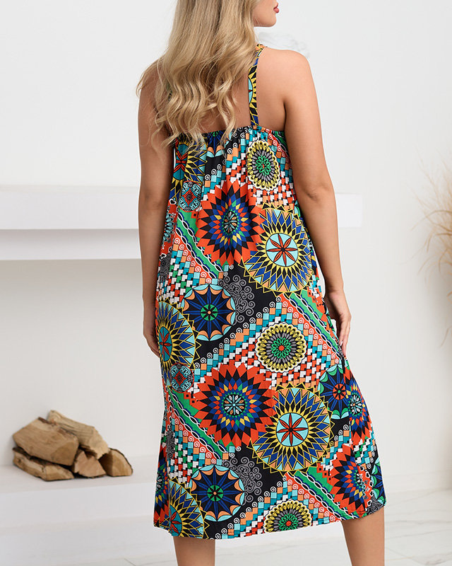 Rochie midi portocalie cu model geometric colorat - Imbracaminte