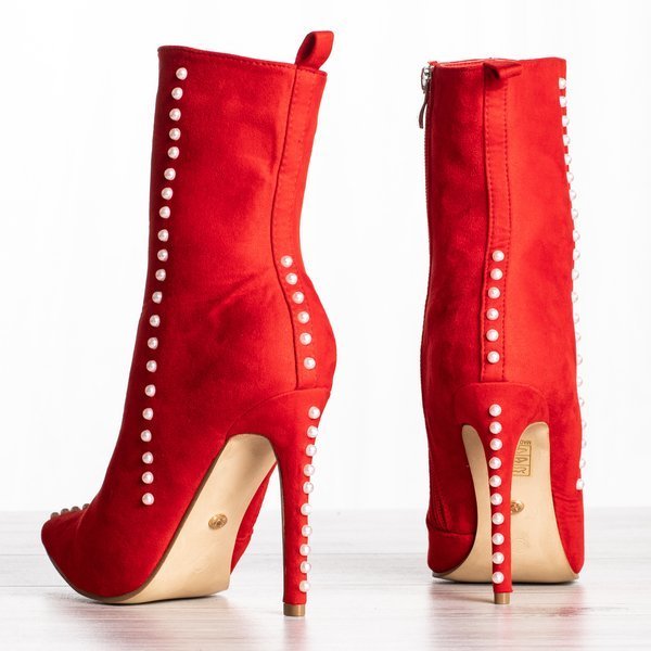Cizme roșii cu toc mai înalt cu perle Sinini - Încălțăminte