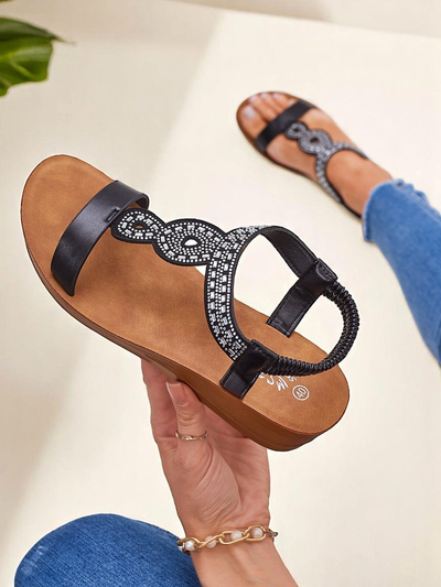 Sandale cu platformă Perseida Royalfashion negre din piele ecologică cu cristale 4,5cm