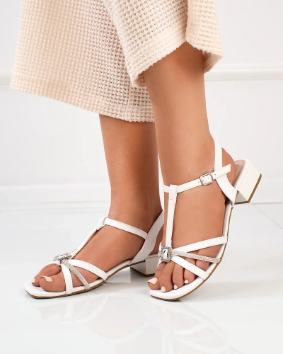 Royalfashion Sandale albe cu toc mic de damă cu zirconiu Luietta