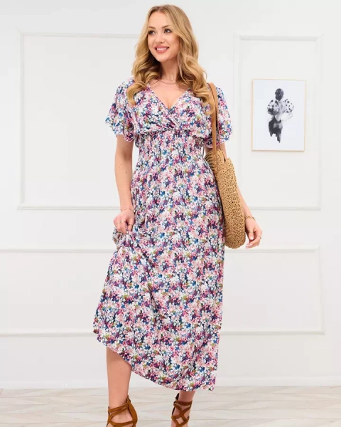 Rochie maxi florală pentru femei, albastră și roz - Îmbrăcăminte
