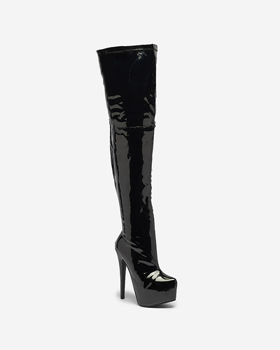 Cizme peste genunchi lăcuite de damă, de culoare neagră Leccie- Footwear