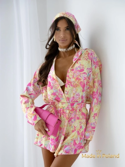 Royalfashion Set de damă cu cămașă și pantaloni scurți cu model floral