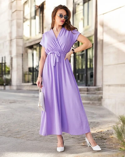 Rochie midi pentru femei Royalfashion cu decolteu înfășurat, mâneci scurte și un centură