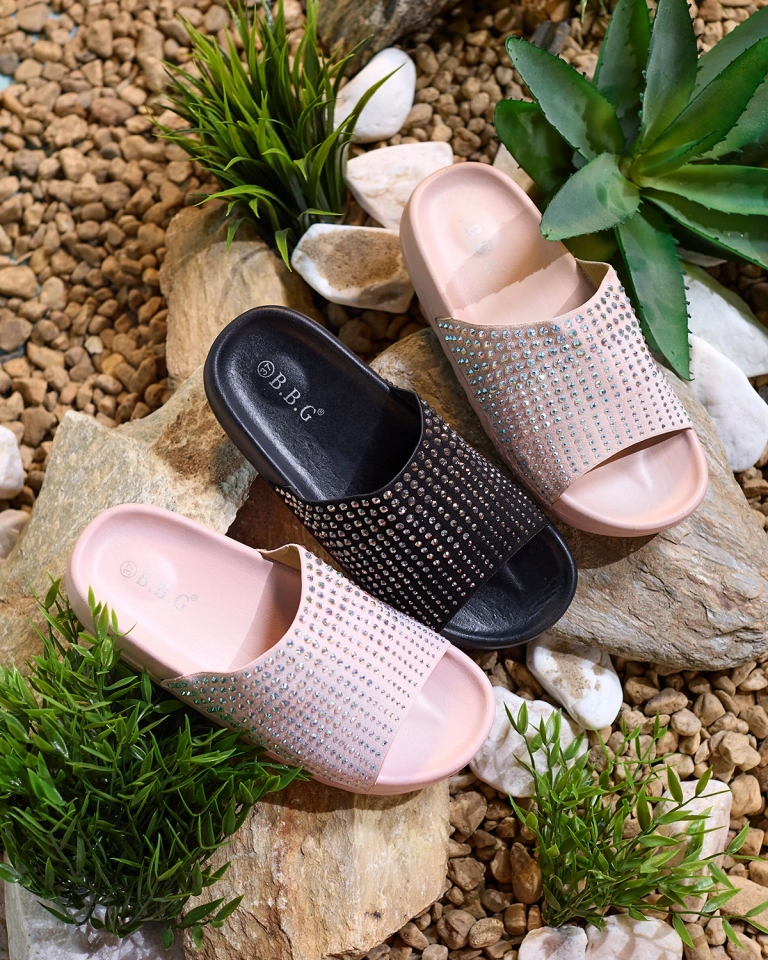 Royalfashion Șlapi de damă negri cu zirconii Lesixa