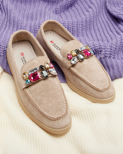 Mocasini pentru femei din piele de căprioară ecologică maro deschis cu cristale decorative Nellens- Footwear