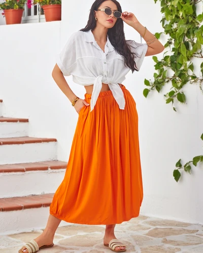 Fustă midi de vară Royalfashion din viscoză pentru femei, ușoară, cu două buzunare