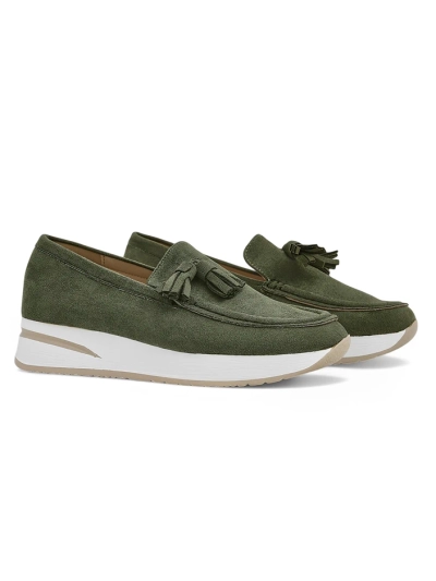Aurelia Verde – Mocasini verzi de damă din piele ecologică întoarsă pe platformă de 4 cm