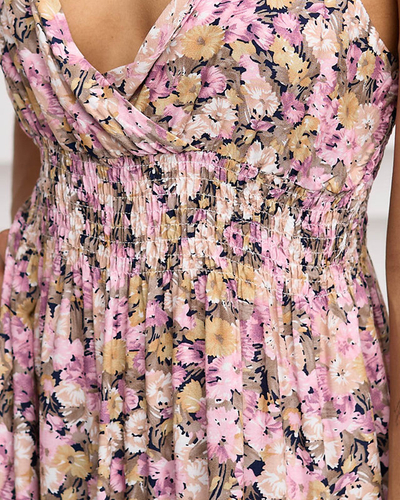 Rochie de vară de damă roz și bej cu flori - Îmbrăcăminte