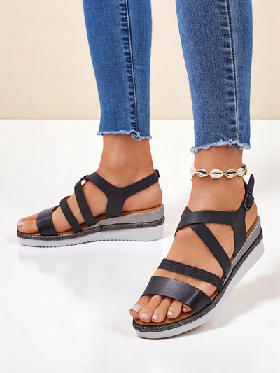 Aurelia Nero – Schwarze Damen Sandalen mit Keilabsatz Royalfashion Eco-Leder