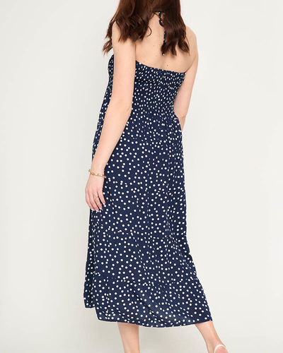 Rochie midi de damă bleumarin cu buline - Îmbrăcăminte