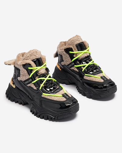 Pantofi sport de damă negri cu blană și șireturi galben neon Adbo- Footwear
