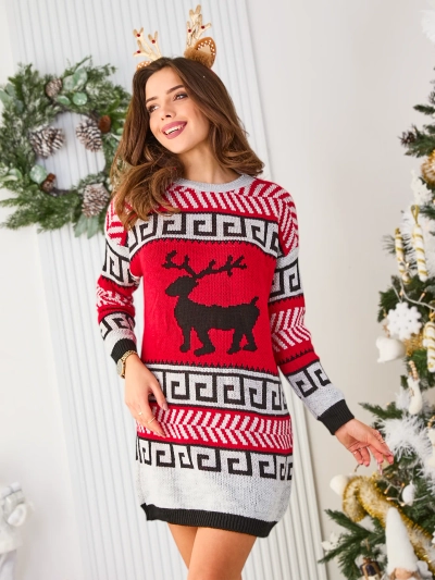 Royalfashion Rochie stil pulover pentru femei gri-roșu