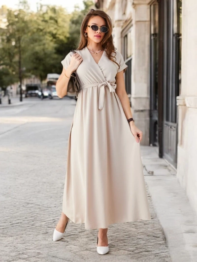 Rochie midi pentru femei Royalfashion cu decolteu înfășurat, mâneci scurte și un centură