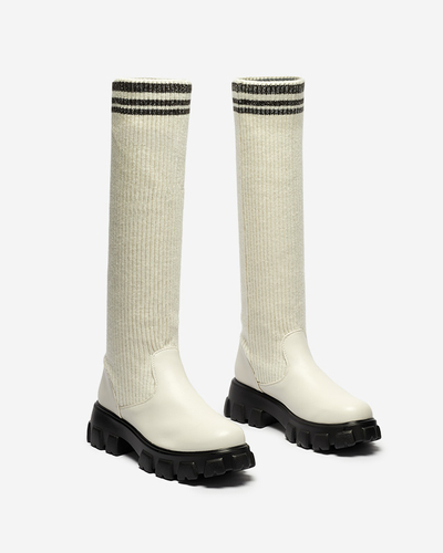 Cizme înalte de damă cu șiret în culoare ecru Alerpi- Footwear