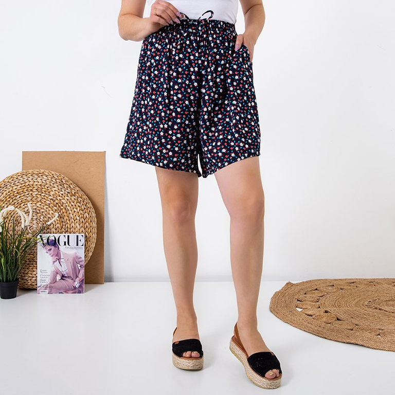 Pantaloni scurți cu flori bleumarin pentru femei - Îmbrăcăminte