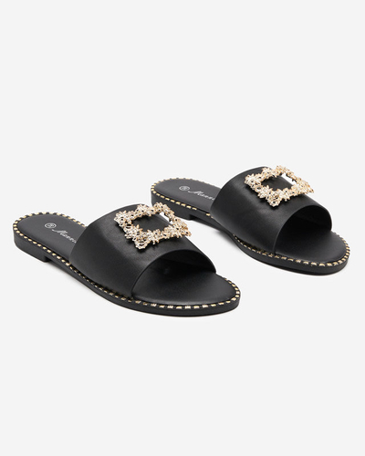 OUTLET Papuci de dama eleganti negri cu decor auriu Meriso - Incaltaminte