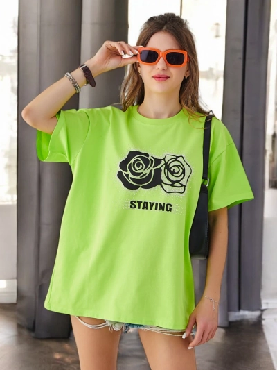 Royalfashion Tricou din bumbac pentru femei Floare de trandafir