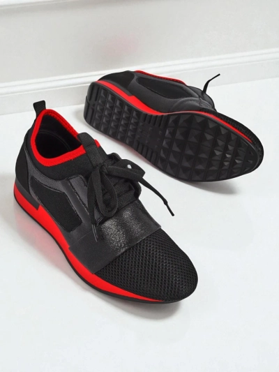 Sneakers de damă Artemida Nero din material textil și piele ecologică cu accent roșu