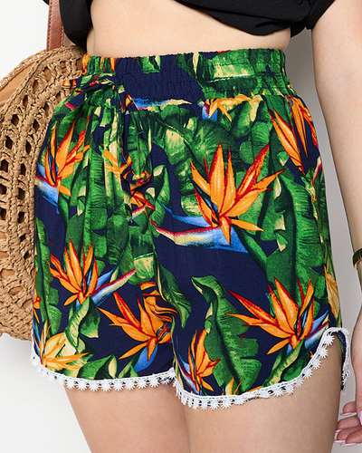 Pantaloni scurți de damă cu model bleumarin și portocaliu - Îmbrăcăminte