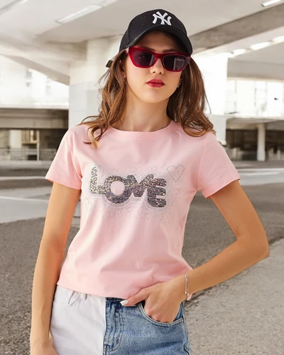 Royalfashion Tricou din bumbac pentru femei LOVE cu strasuri