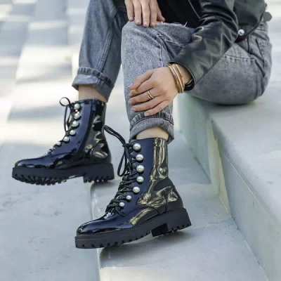 OUTLET Cizme dama lacuite negre cu perle Lumines - Incaltaminte